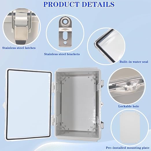 Waterproof Electrical Box, IP67 Junction Box Stainless Steel Latch Hinged Clear Cover Project Enclosure with Wall Bracket 11.8"x7.9"x 6.7"