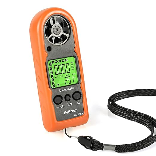 Kethvoz 816B Digital Anemometer, Handheld Wind Speed Meter with Temperature Gauge for HVAC, Measures Wind Velocity in Current/Average/Max, for Sailing, Surfing, Hiking, and Outdoor Activities