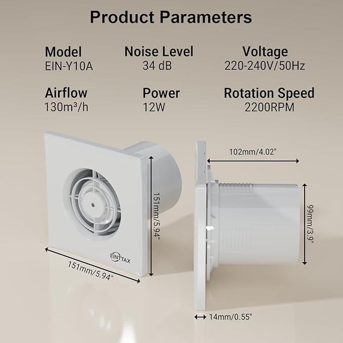 4 Inch Bathroom Exhaust Fan, 130m³/h Quiet Ventilation Extractor with Check Valve, Wall/Window Mount Bathroom Exhaust Fan for Kitchen, Garage, Office, Shop, 12W, 34 dB, White