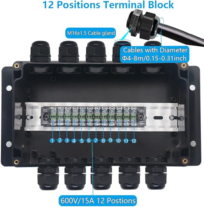 Project BoxI P67 Outdoor Waterproof box Electronic Junction Box with 15A 600V Barrier Terminal 5IN/5Out Electrical Boxes 7.9x4.7x3 inch