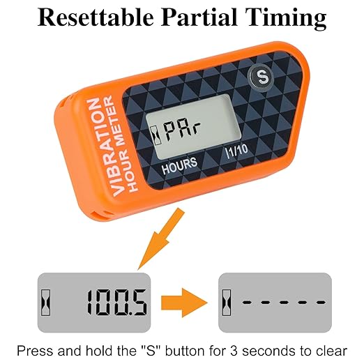 LCD Digital Hour Meter Gauge Vibration Activated,Waterproof Design,for All Vibrating Machine,Air Compressor,Generator,Lawn Mower,Motorcycle,Chainsaw (Orange)