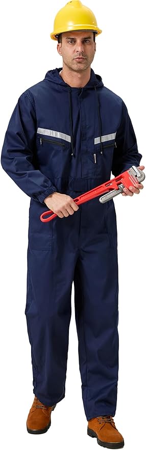 Mens Work Coveralls Mechanic Hooded Overall Workwear Jumpsuits Long Sleeve Hi Viz Coverall with Zippers