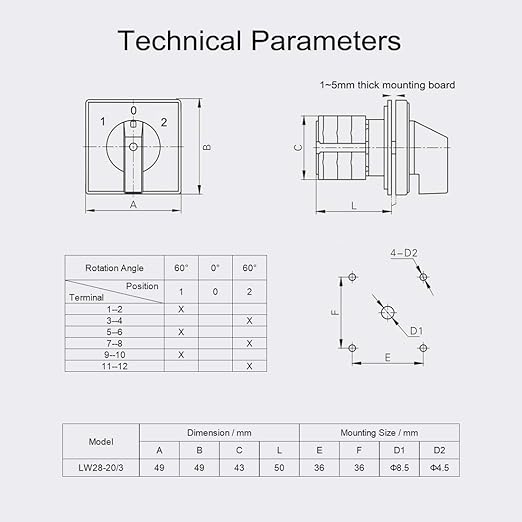 Changeover Switch LW28-20 3 Positions 12 Terminals Universal Rotary Cam Selector Latching Switches 550V 20A