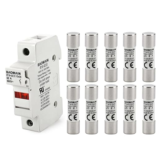Baomain RT18-32 Fuse Holder Base with 10x6A Ceramic Fuses (10x38mm) – 1 Pole DIN Rail Mount, LED Indicator, CE Certified (6 Amp)