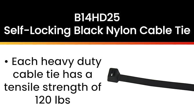 Pro Tie Heavy Duty Cable Ties, Self-Locking Nylon Cable Wire Ties for Indoor and Outdoor Use | 14.5-Inch, 120 lbs. Tensile Strength, UV Black Nylon, 25-Pack (PN: B14HD25)