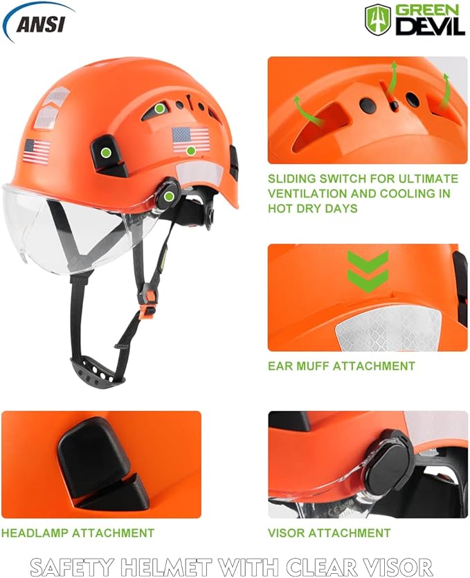 GREEN DEVIL Safety Helmet Hard Hat with Visor Chinstrap Adjustable Lightweight Vented ABS Work Helmet for Men and Women 6-Point Suspension ANSI Z89.1 Approved Ideal for Industrial & Construction
