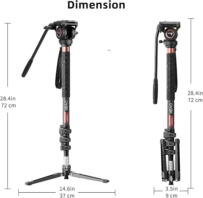 Cayer Monopod Camera Stand, Carbon Fiber Telescopic Monopods Kit with Video Fluid Head and Folding Support Base, 1 Extra Sliding Plate, for DSLR Video Cameras & Camcorders, CF34, 72 Inch