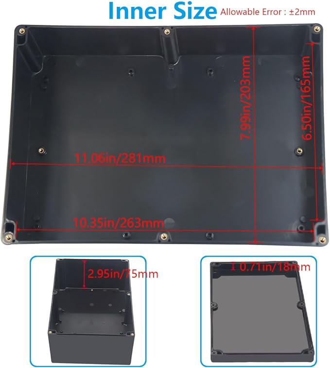 Project Box ABS Black Electrical Boxes IP67 Outdoor Waterproof box Electronic Junction Box Power Enclosure with Cable Glands for DIY Project 11.4 x 8.3 x 3.9 inch (290x190x100mm)