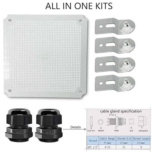 Junction Box, Hinged Cover Stainless Steel Latch IP67 Waterproof ABS Project Box with 2 Cable Glands, Electrical Box Enclosure with Mounting Plate & Wall Bracket 11.8 x 11.8 x 7.1inch