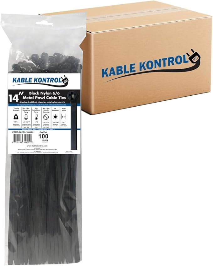Kable Kontrol Cable Ties with Metal Tooth Bulk Pack, 14 Inch 3,000 Pcs, 120 Lbs Tensile Strength, Metal Pawl, Stainless Steel Toothed Self-Locking Device, UV Resistant Steel Barb Zip Ties - Black
