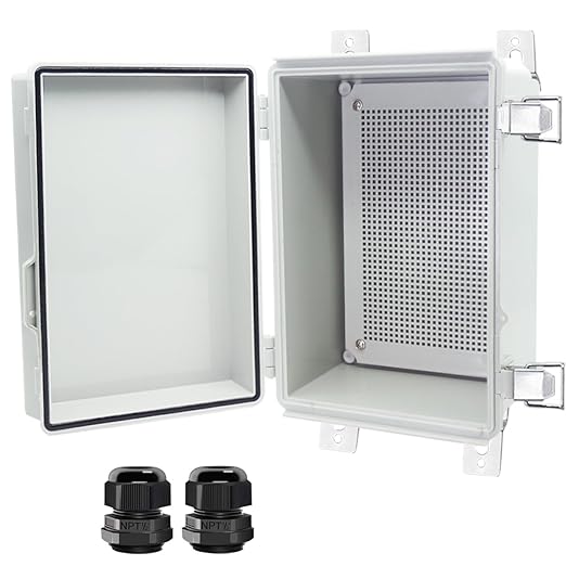 Junction Box, Hinged Cover Stainless Steel Latch IP67 Waterproof ABS Project Box with 2 Cable Glands, Electrical Box Enclosure with Mounting Plate & Wall Bracket 11 x 7.5 x 5.5inch