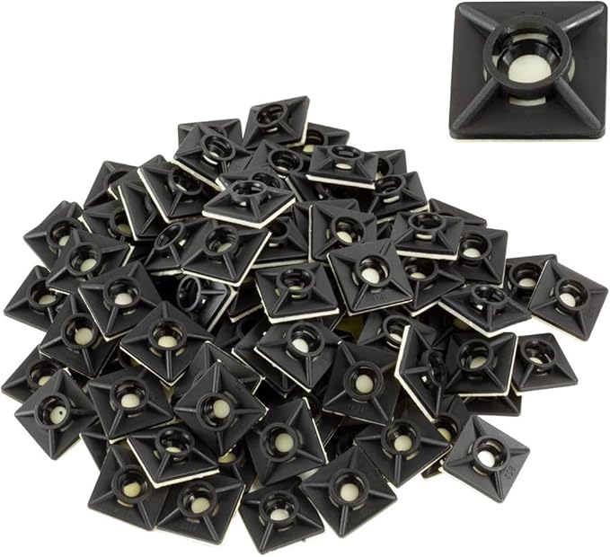 GTSE 100 Pack Black Zip Tie Mounts, 3/4" Adhesive Mounting Squares, Cable Tie Mount, Cable Clips Organizer Holders, Zip Tie Anchor for Wire Bundles, UV Resistant Tie Wrap Bases
