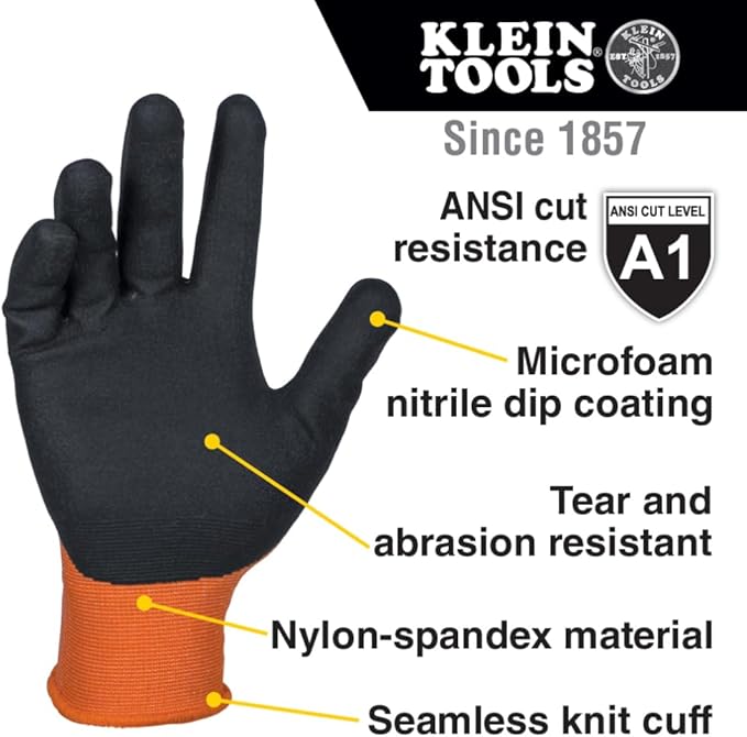 Klein Tools 60580 Work Gloves, Knit Dipped Cut Resistant ANSI A1 Nitrile Coated Gloves, Nylon-Spandex, Touchscreen Capable, Medium, 2-Pair