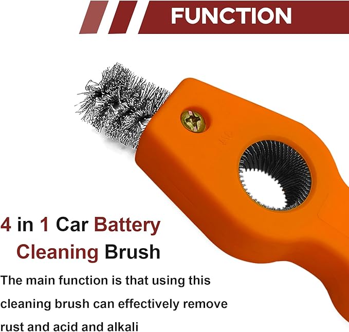 4 in 1 Car Battery Terminal Cleaning Brush, Anti-Rust Auto Battery Cleaner Brush Tool, Universal for Automotive and Marine for Plumbing Installation Soldering Brazing, Car Accessories (Orange)