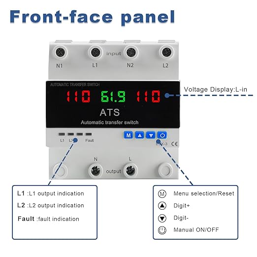 2P Automatic Transfer Switch with LCD Display, 63A 110V Double Power ATS with 3 Digital Displays for Input Real-Time Volrage/Current Monitoring, Automatic Changeover for Utility/Generator/Solar