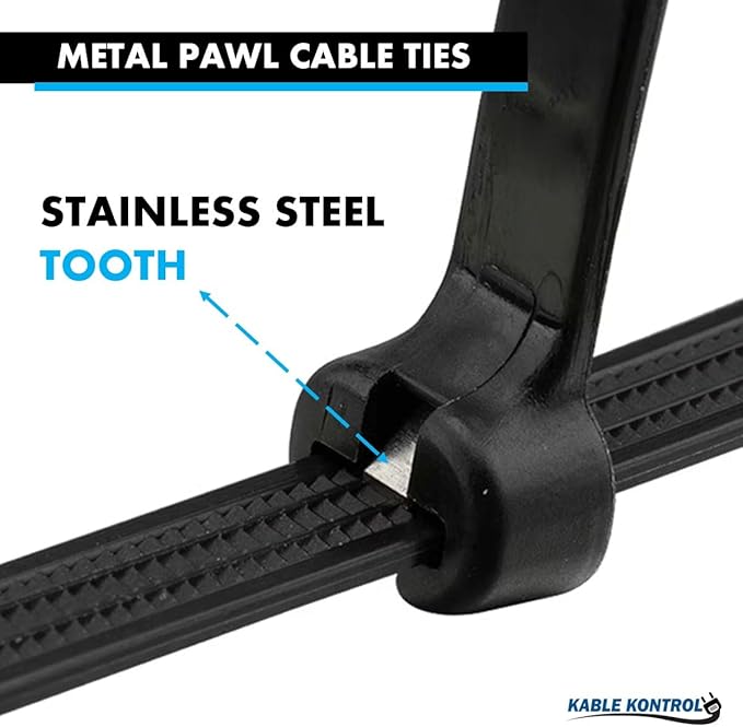 Kable Kontrol Cable Ties with Metal Tooth, 8 Inch 100 Pcs, 50 Lbs Tensile Strength, Metal Pawl, Stainless Steel Toothed Self-Locking Device, UV Resistant Steel Barb Zip Ties - Black