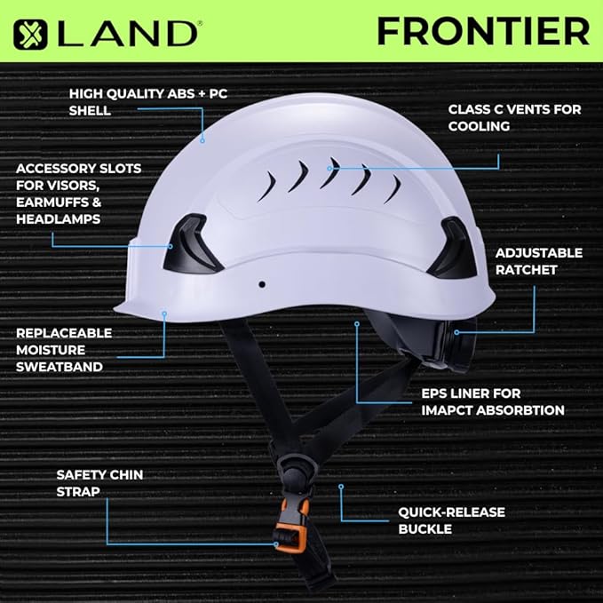 Land Helmets Frontier Type 2 Class C Vented Safety Helmet - ANSI/ISEA Z89.1 Type II OSHA Compliant Hard Hat. Used in Construction, Arbor, and Industrial Work.