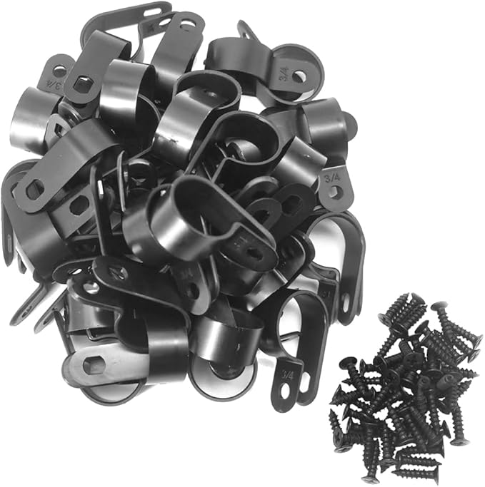 Cable Clamp R-Type Cable Clip Wire Clamp 3/4" Nylon Screw Mounting Cord Fastener Clips with Screws for Wire Management - Black - 50 Pcs