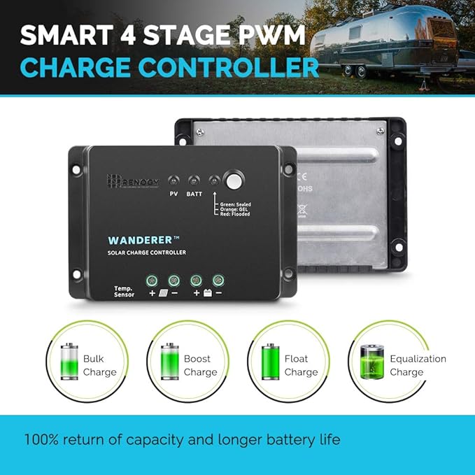 Renogy Wanderer 30 Amp 12V Advanced PWM Negative Ground Solar Charge Controller Battery Regulator Compatible with Sealed, Gel, and Flooded Batteries and Wanderer Temperature Sensor