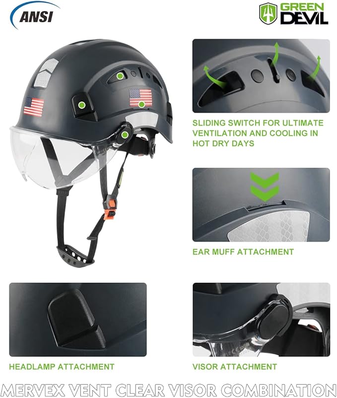 GREEN DEVIL Safety Helmet Hard Hat with Visor Chinstrap Adjustable Lightweight Vented ABS Work Helmet for Men and Women 6-Point Suspension ANSI Z89.1 Approved Ideal for Industrial & Construction