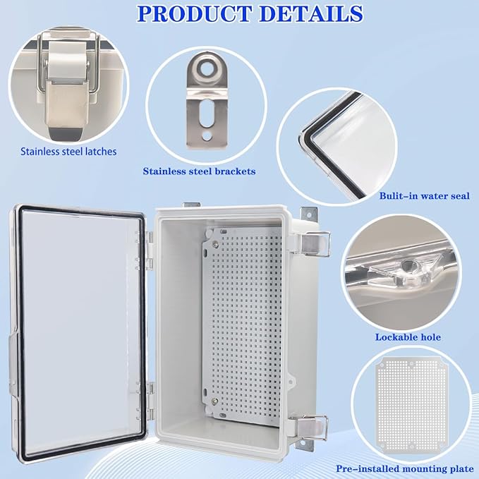 Waterproof Outdoor Electrical Box Junction Box Weatherproof IP67 ABS Plastic Enclosure Switch Router Project Box with Mounting Plate with Wall Bracket 2 Cable Glands Clear 11.81" x 7.87" x 5.12"