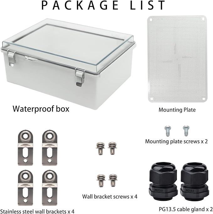 Waterproof Outdoor Electrical Box Junction Box Weatherproof IP67 ABS Plastic Enclosure Switch Router Project Box with Mounting Plate with Wall Bracket 2 Cable Glands Clear 14.6"x10.63"x5.9"