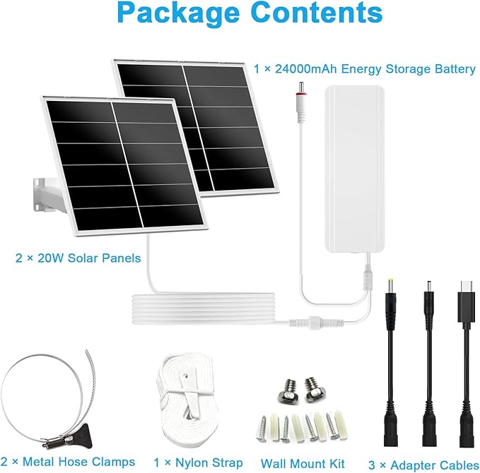 40W Solar Panel Kit and 24000mAh Battery for PTZ Security Cameras, 5V/12V Adjustable Output, USB-C & DC Plugs, 360° Mount, IP66 Waterproof