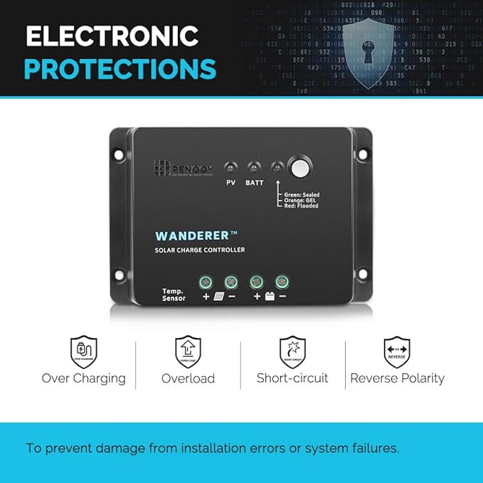 Renogy Wanderer 30 Amp 12V Advanced PWM Negative Ground Solar Charge Controller Battery Regulator Compatible with Sealed, Gel, and Flooded Batteries and Wanderer Temperature Sensor
