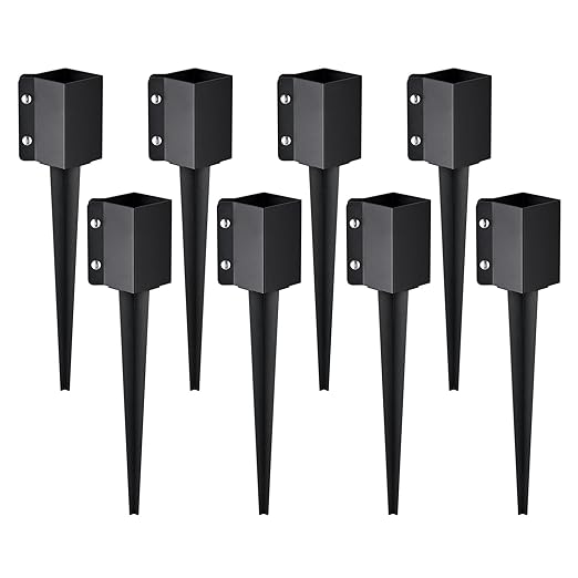 VEVOR Fence Post Anchor, 8 Pack 4 x 4 Inches Outer Diameter (Inner Diameter 3.5 x3.5 Inches) Ground Spike 24", Metal Black Powder Coated Post Stake Ground, for Mailbox Deck Garden Railing