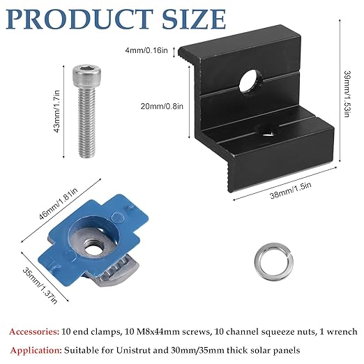 10pcs Solar Panel End Clamps for Unistrut Standard, 30mm/35mm Solar Panel Brackets with Nuts Bolts, Aluminum Alloy Mounting Rail Kit for Metal Tin Flat Sheet Roof Mount (Black)