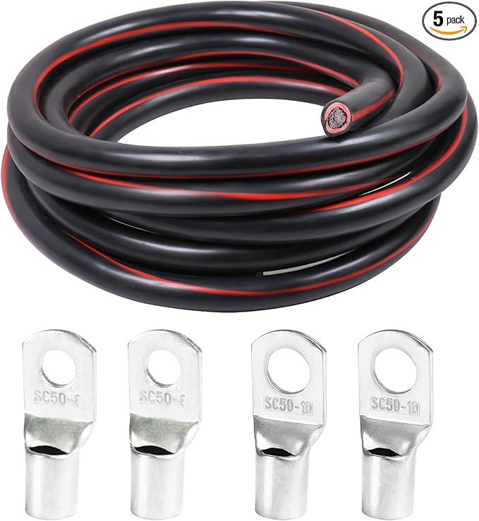 2 Gauge Battery Welding Cable (Black, 2 Feet) - 2 AWG Copper Clad Aluminum Power Wire with M8 & M10 Copper Cable Lug Ends for Auto, Camper, RV, Truck, Solar Low Voltage Jumper Wiring