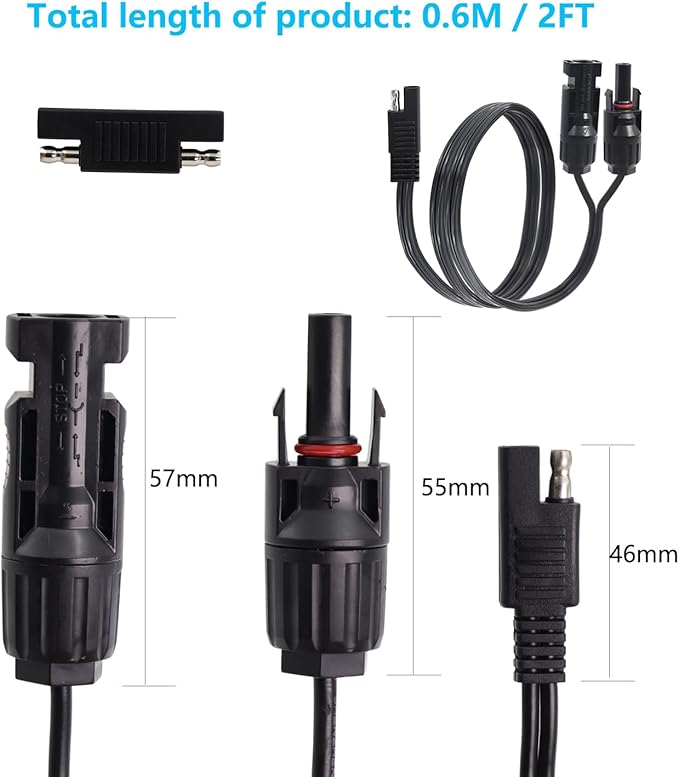 Solar Panel to SAE Adapter Cable 14AWG SAE Connector to Male & Female Solar Connectors Extension Wire for Solar Panels RVs Battery Charger kit with SAE Polarity Reverse Adapter 2FT