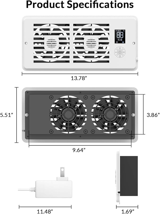 Register Booster Fan for 4” x 12” Air Registers, Quiet Operation, Helps Improve Heating & Cooling Airflow, 10-Speed Smart Vent Booster Fan with Remote for Bedrooms, Living Rooms & Older Homes