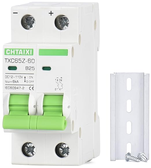 12V-110V DC Miniature Circuit Breaker, 25 Amp 2 Pole Battery Breaker Protector for Solar PV System and RV, Thermal Magnetic Trip, DIN Rail Mount, Chtaixi DC Disconnect Switch B25