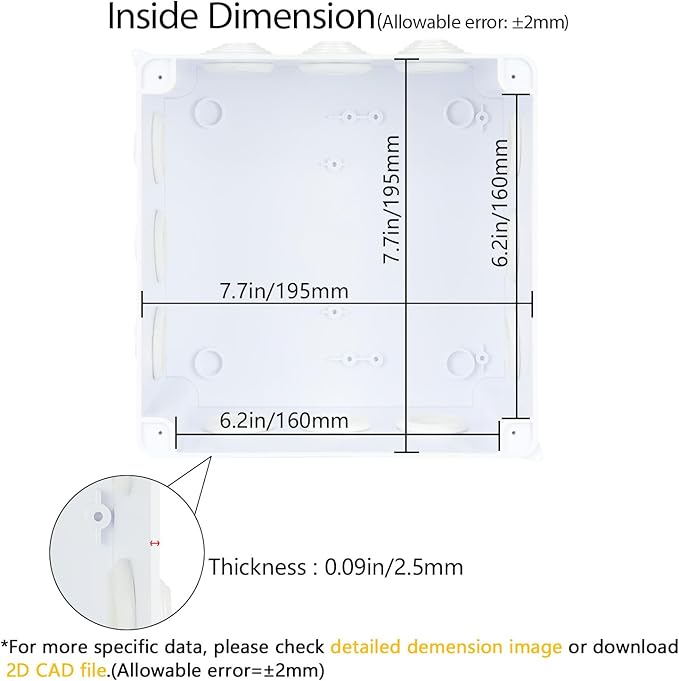 LeMotech Junction Box, ABS Plastic IP65 Waterproof and Dustproof, Universal Electrical Enclosure, Outdoor and Indoor Project Box 7.8X 7.8X 5.9 inch (200 x 200 x 150 mm)