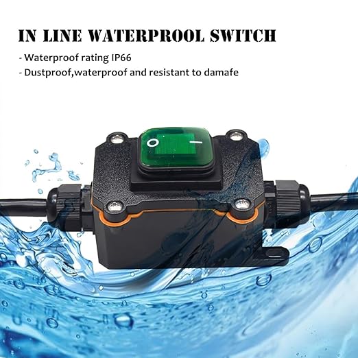 Waterproof Switch with Green Light Rocker Button - 16A-24V, 20A-12V, DPST DC, Two Side Line Entry/Exit, Outdoor Start Stop