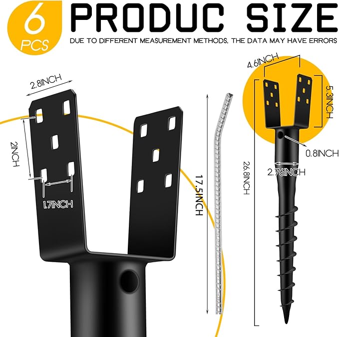 Hicarer 6 Set No Dig Ground Anchor U Model Screw in Post Stake Fence Spike, Fits Standard 4 x 4'' Post (4.6 x 4.6 Inch Actual), for Mailbox and Fence