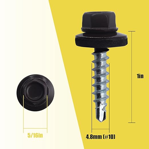 300pcs #10 x 1 Brown Hex Head Self-Drilling Metal Roofing Screws, EPDM Washer, Colored Head, Wood Screws, Sheet Metal Roof Screw with Hex Driver Bit