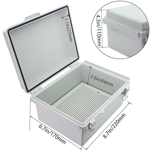 Junction Box, Hinged Cover Stainless Steel Latch IP67 Waterproof ABS Project Box with 2 Cable Glands, Electrical Box Enclosure with Mounting Plate & Wall Bracket 8.7 x 6.7 x 4.3inch