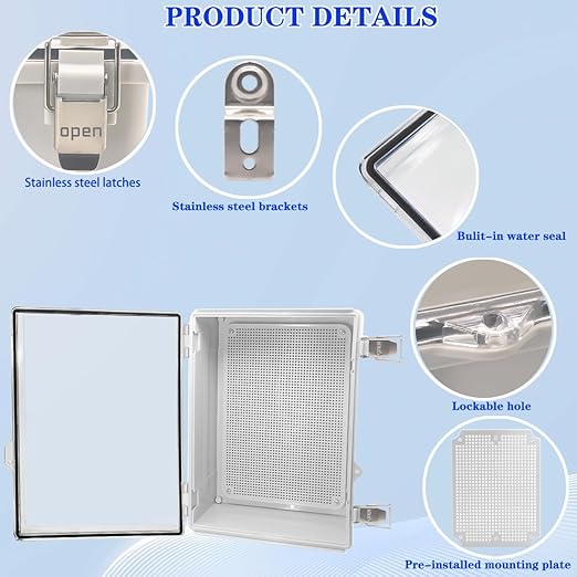 Waterproof Electrical Box, IP67 Junction Box Stainless Steel Latch Hinged Clear Cover Project Enclosure with Wall Bracket 14.6" x 10.6" x 5.9"