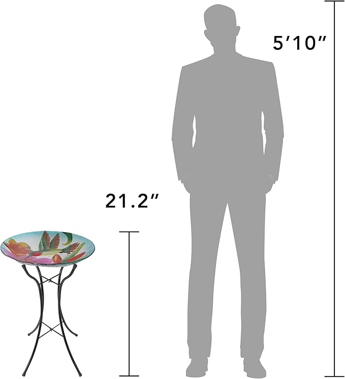 Teamson Home Handpainted Hummingbird Fusion Glass Birdbath Bowl Feeder with Metal Stand for Outdoor Patio Garden Backyard Decking, 21 Inch Height, Purple/Light Blue