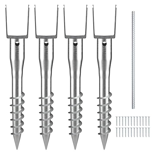 VEVOR Ground Screw, No Dig Ground Anchor 4 Pack 3.94 x 2.76 x 27.56 in DIY Screw in Stake, Includes 6 Lag Bolts & a Rebar, U-Shape Heavy Duty Steel Post Holder, Great for Mailbox and Fence Posts