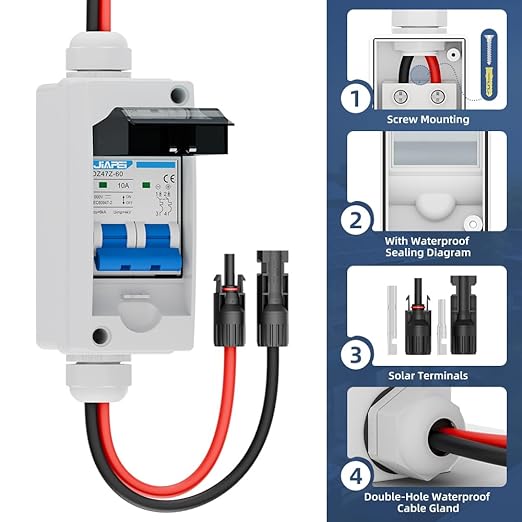 Solar Panel Disconnect Switch 10 Amp 1000V Breaker Box, PV DC Miniature Circuit Breaker Disconnect Box Outdoor with IP65 Waterproof Box