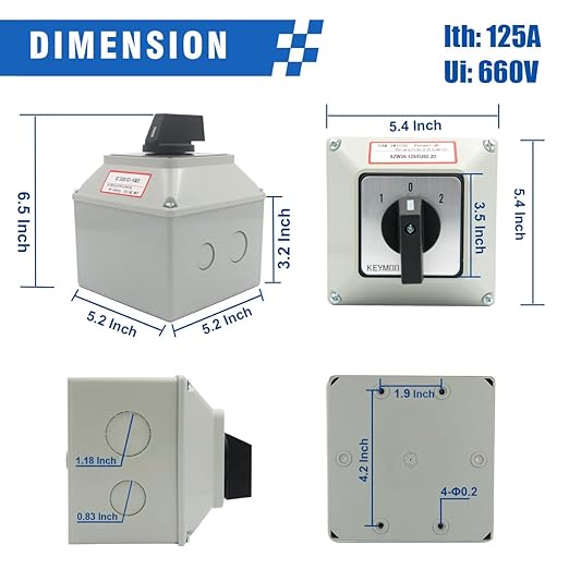 125A Rotary Changeover Switch with Master Switch Exterior Box, 660V 3 Position 2 Phase 8 Terminals, Universal Selector Switch Enclosure Box IP65 125/D202.2D