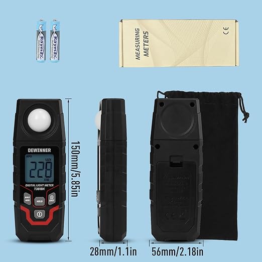 DEWINNER Digital Illuminance Light Meter – 0-200,000 Lux Light Tester for Plants, LED Grow Lights, Car Headlights – Candles Meter, 8X/s Sampling, 120° Angle, Backlit Display (Battery Included)