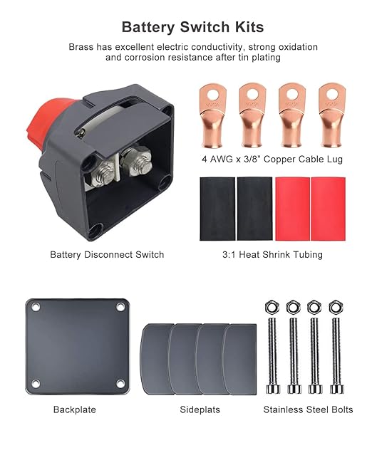 Battery Switch Disconnect, 12V-48V Power Shut Off Master Isolator Kill Switch with 4AWG-3/8 Ring Terminals Heat Shrink for Marine RV Camper Trailer Boat Car Automotive Replacement