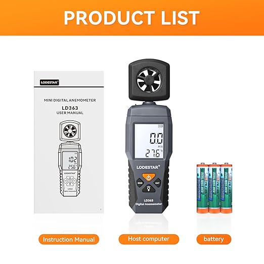 LODESTAR LD363 Digital Anemometer, Handheld Anemometer, Digital Wind Speed CFM Meter Gauge Air Flow Velocity Tester for HVAC Shooting Drone, Wind Chill, 32℉-122℉ Wind Temperature