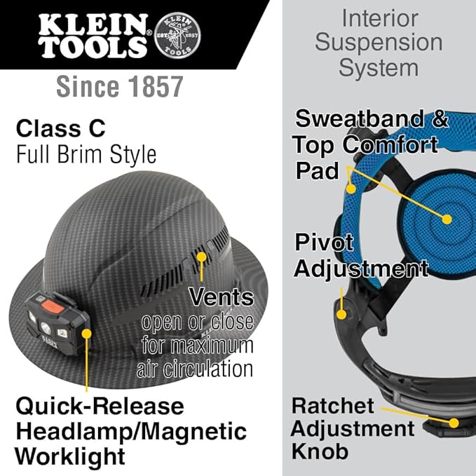 Klein Tools 60347 Hard Hat, Vented Full Brim, Class C, Premium KARBN Pattern, Rechargeable Lamp, Padded Sweat-Wicking Sweatband, Top Pad