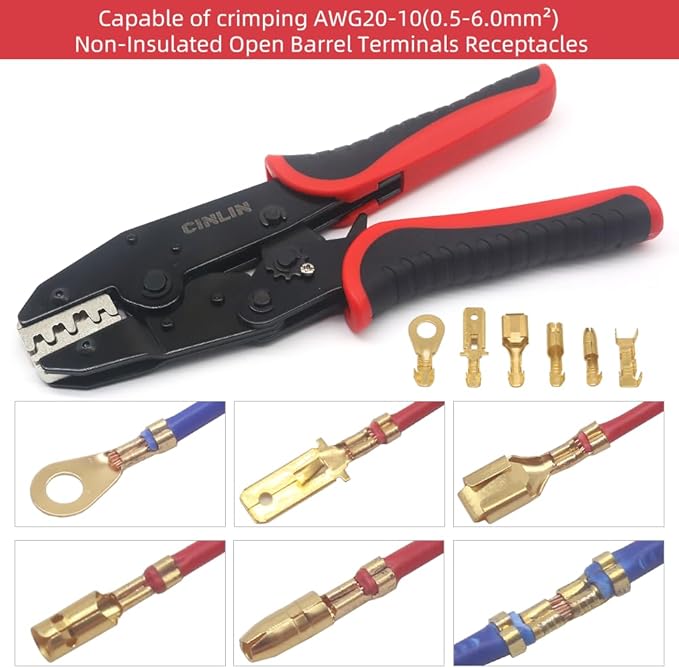 HS-03B Crimping Tool for Non-Insulated Open Barrel Terminals AWG 20-10 Ratchet Wire Crimper Tool,Wire Terminal Crimper, 2.8mm 4.8mm 6.3mm Male and Female Spade Connector Terminals Crimper