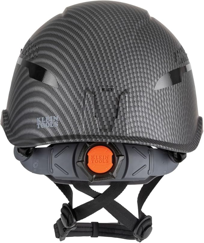 Klein Tools 60517 Safety Helmet, Vented Class C with Rechargeable Lamp and Chin Strap, Premium KARBN Pattern, Adjustable Vents
